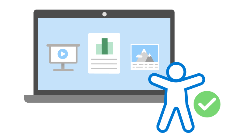 laptop előtt álló emberfigura mellette zöld pipa